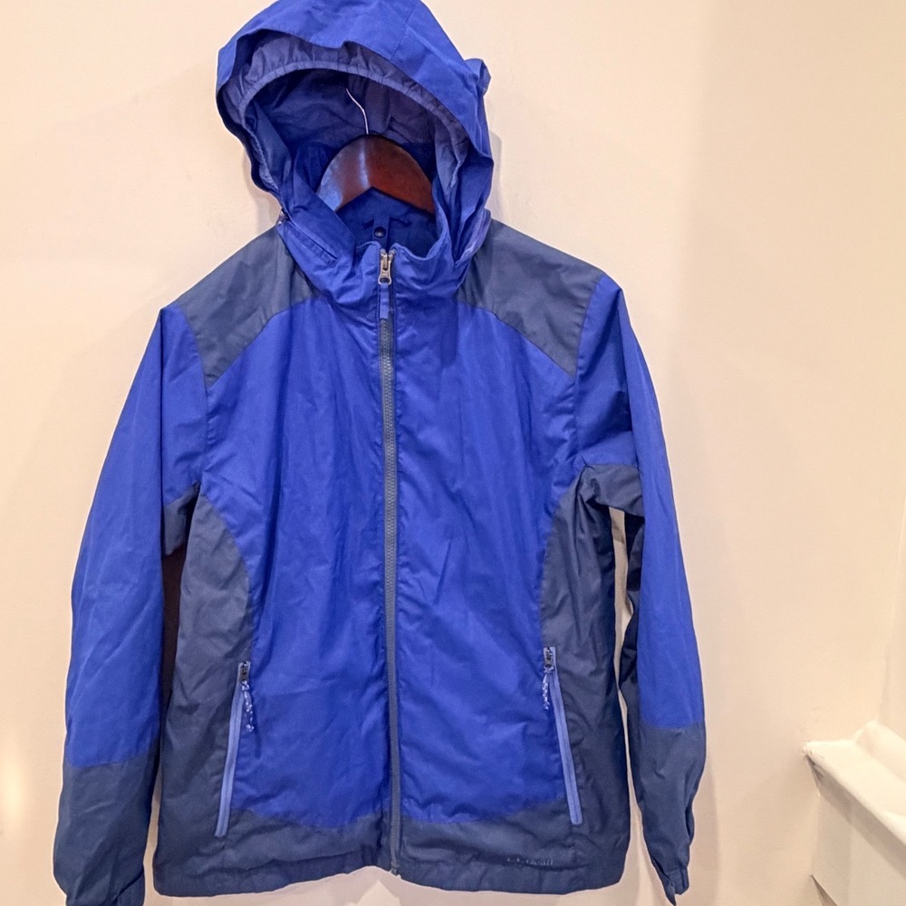 LL Bean Kids XL 18 Discovery Rain Jacket Blue Colorblock Hooded Shell 295451